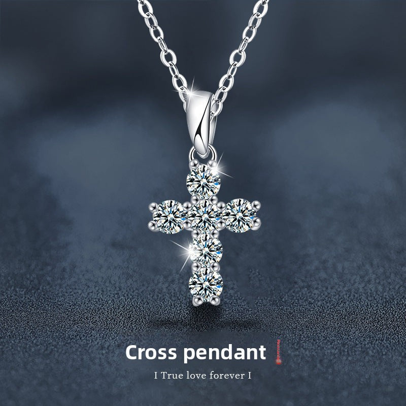 925 Sterling Silver Moissanite Cross Pendant Necklace for Women, Niche Design Sense High-End Elegant Fine Jewelry