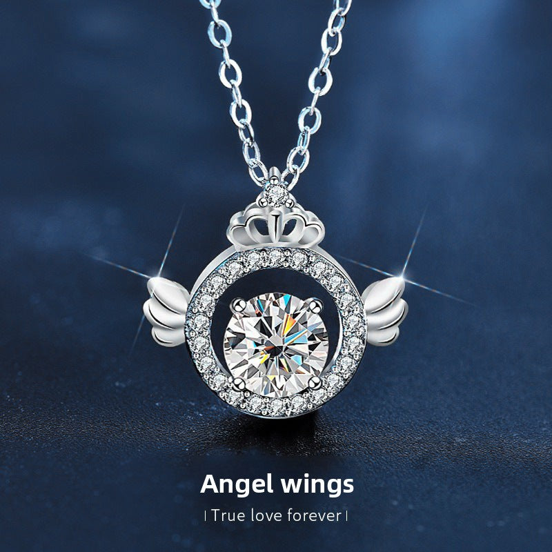 925 Sterling Silver Original Angel Wings Moissanite Necklace for Women, Light Luxury Platinum-Plated Clavicle Chain, Crown Pendant Fine Jewelry