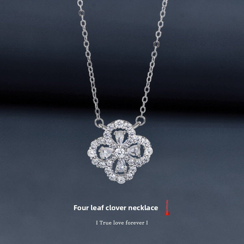 S925 Sterling Silver Four-Leaf Clover Moissanite Necklace, Mori Style Versatile High-End Pendant, Tarnish-Resistant Elegant Fine Jewelry for Women