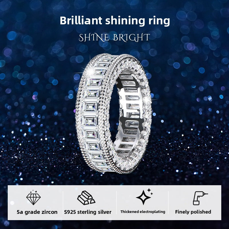 S925 Sterling Silver Full Pave Diamond Ring for Women, New Light Luxury High-End Personalized Row Diamond Ring, Elegant Fine Jewelry