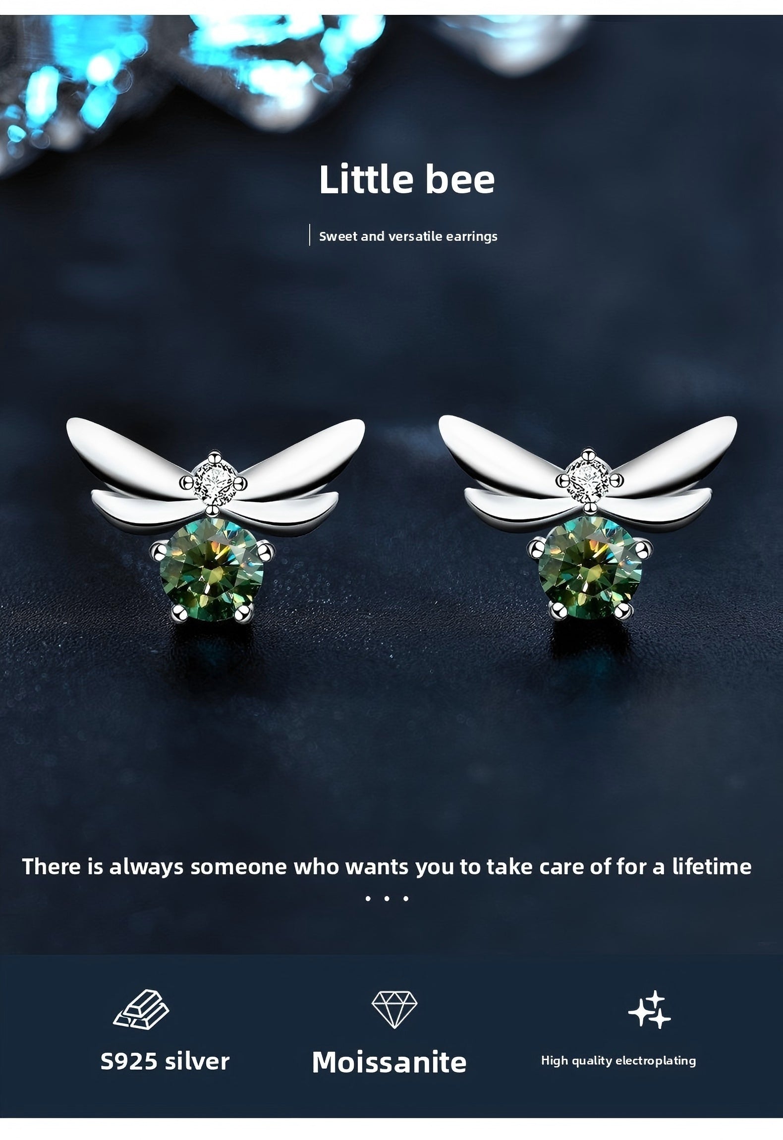Personalized Creative Little Bee 925 Sterling Silver Stud Earrings, Minimalist Ins Cool Style, Vintage Green Moissanite Elegant Temperament Jewelry for Women