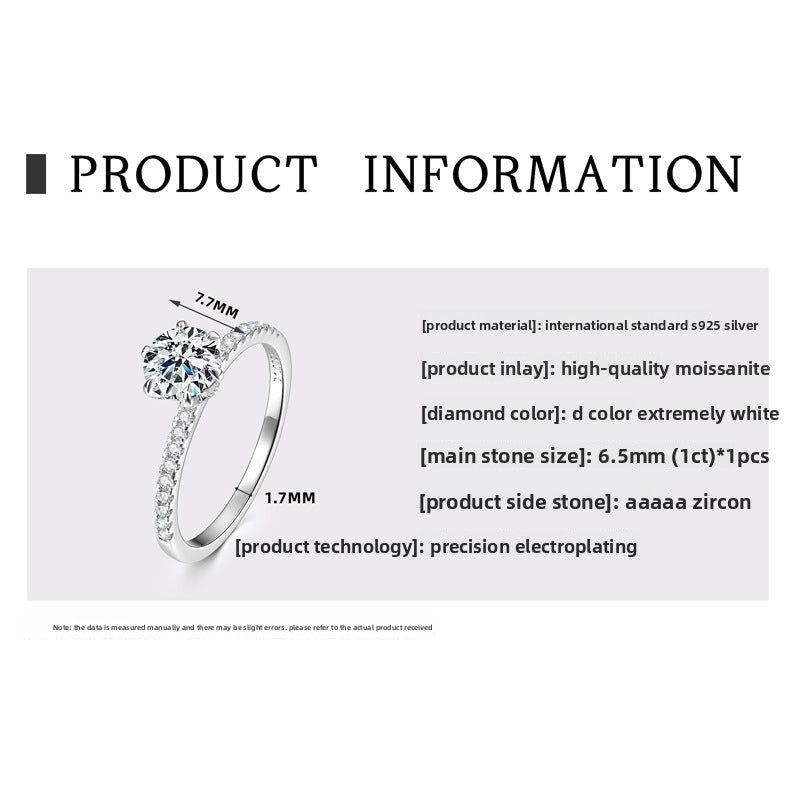 S925 Sterling Silver 1 Carat Classic Moissanite Engagement Ring for Women, Romantic Proposal Wedding Ring, Elegant Fine Jewelry