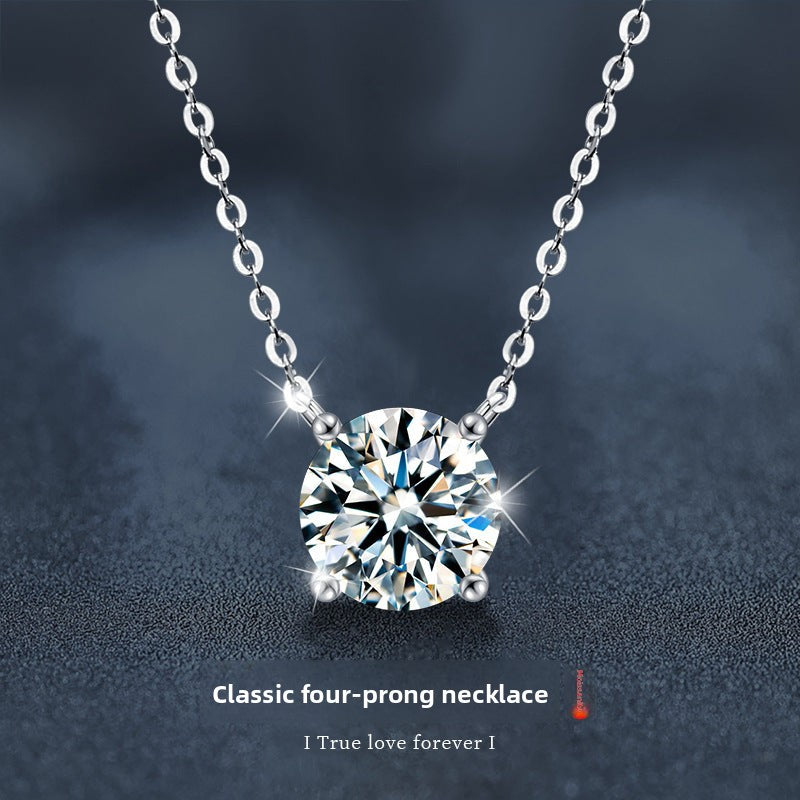 S925 Sterling Silver Moissanite Necklace for Women, Simple Light Luxury Classic Four-Claw Pendant, Elegant Clavicle Chain Fine Jewelry