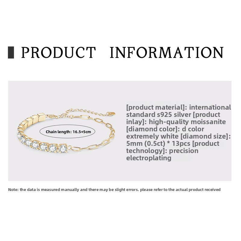 New Light Luxury Niche Exquisite Ins Style Bracelet for Women, Full Diamond S925 Sterling Silver High-End Tennis Chain, Elegant Versatile Luxury Jewelry for Daily Wear