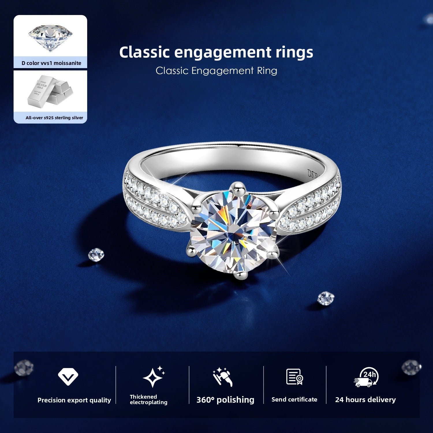 S925 Sterling Silver 1 Carat Classic Moissanite Engagement Ring for Women, Romantic Proposal Wedding Ring, Elegant Fine Jewelry
