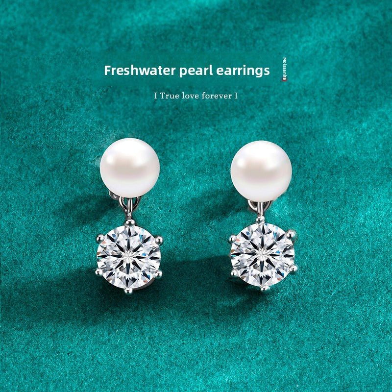 Classic Six-Claw Moissanite & Freshwater Pearl Stud Earrings for Women, S925 Sterling Silver, Timeless Elegant Luxury Jewelry, Perfect for Daily Wear & Gift Giving