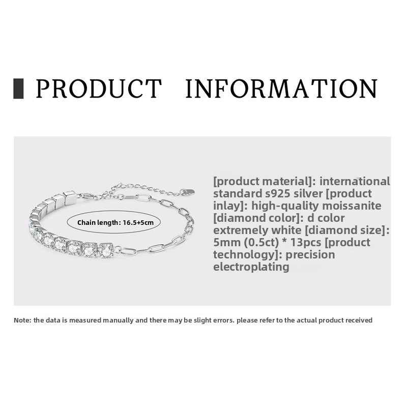 New Light Luxury Niche Exquisite Ins Style Bracelet for Women, Full Diamond S925 Sterling Silver High-End Tennis Chain, Elegant Versatile Luxury Jewelry for Daily Wear