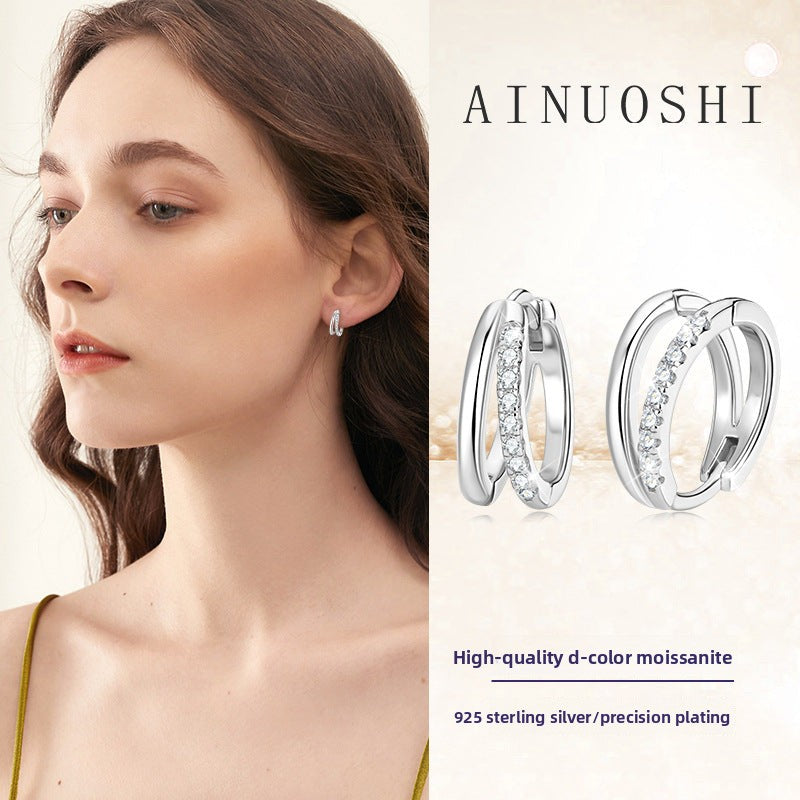 New Ins Style Personalized Double Ring Moissanite Earrings for Women, 925 Sterling Silver Niche Minimalist Design, Elegant Versatile Jewelry for Daily Wear & Gifting