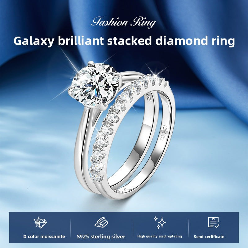 Fashion Layered Moissanite Ring Set for Women, 925 Sterling Silver Plated 18K Gold, Luxury Light Luxury Stackable Design, Elegant High-End Jewelry for Daily & Party Wear