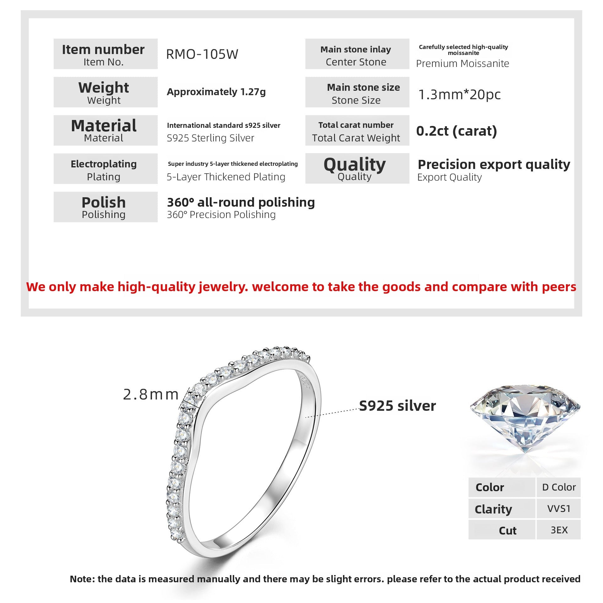 925 Sterling Silver 18K Gold Plated D-Color Moissanite Stackable Ring for Women, Fashion Light Luxury Daily Versatile Commuter Ring