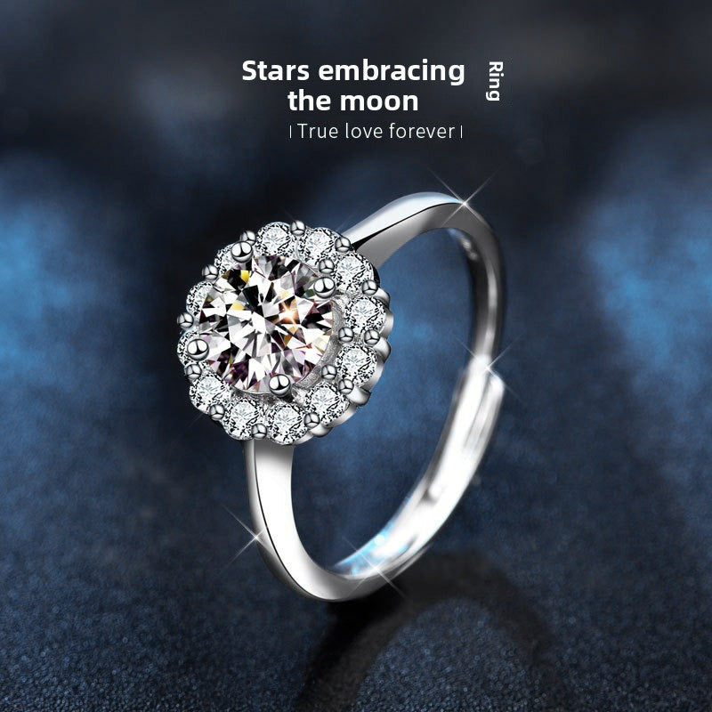 925 Sterling Silver Sunflower Ring for Women, Fashion Four-Prong Open Design, Brilliant Moissanite Simulated Diamond Ring, Elegant Adjustable Statement Jewelry