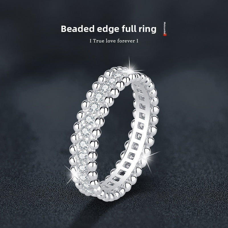 S925 Sterling Silver Moissanite Baby's Breath Full Eternity Ring for Women, Delicate Beaded Edge & Kaleidoscope Design, Luxury Dainty Stackable Fine Jewelry