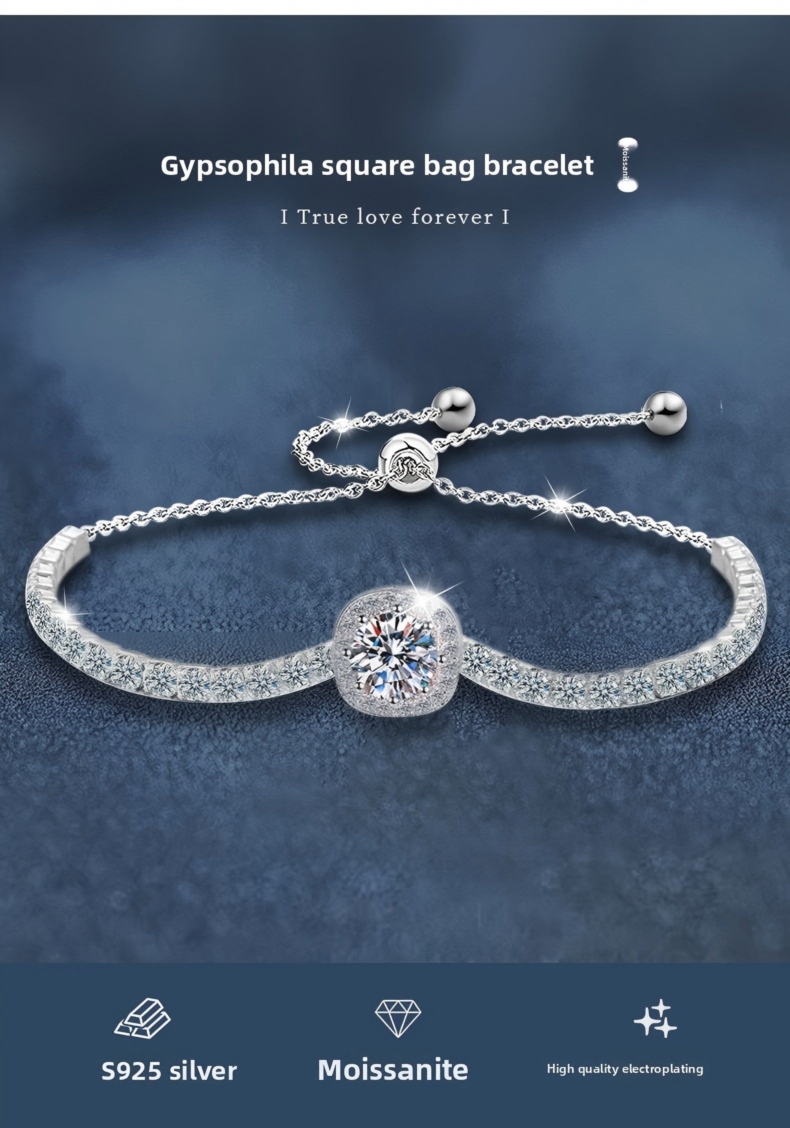 925 Sterling Silver Light Luxury Niche Gypsy Square Bag Moissanite Bracelet for Women