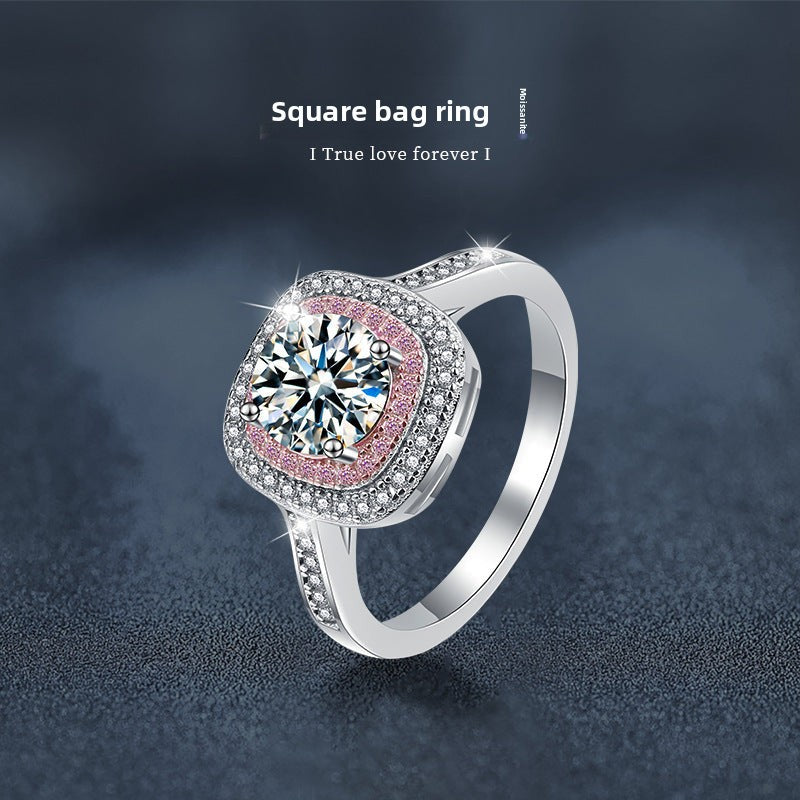 S925 Sterling Silver Moissanite Rock Sugar Square Bag Ring for Women, Niche High-End Light Luxury Design, Brilliant Sparkle Statement Fine Jewelry