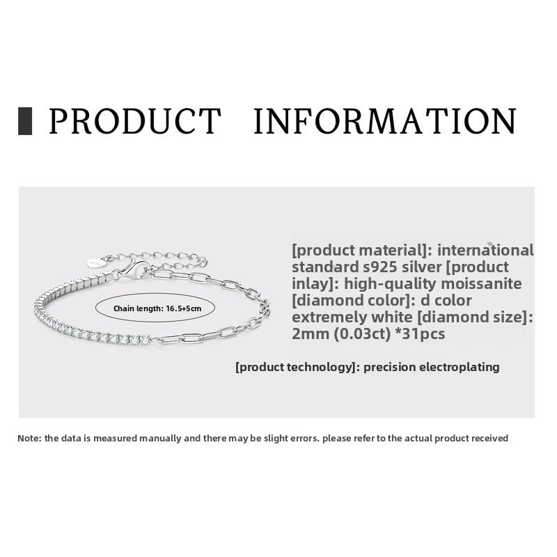 New Light Luxury Niche Exquisite Ins Style Bracelet for Women, Full Diamond S925 Sterling Silver High-End Tennis Chain, Elegant Versatile Luxury Jewelry for Daily Wear