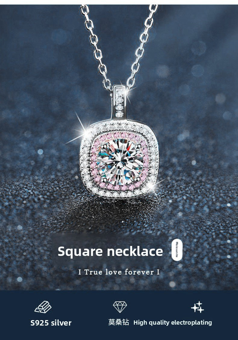 925 Sterling Silver Moissanite Sugar Cube Pendant Necklace for Women, Tarnish-Resistant Simple Clavicle Chain, Elegant Fine Jewelry