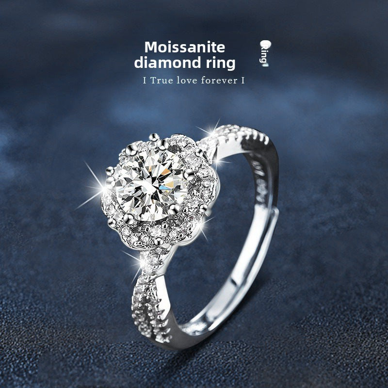 Full Solid 925 Sterling Silver Moissanite Open Ring for Women, Minimalist Cool Style, Tarnish-Resistant, High-End Luxury Adjustable Band, Perfect for Daily & Streetwear Styling