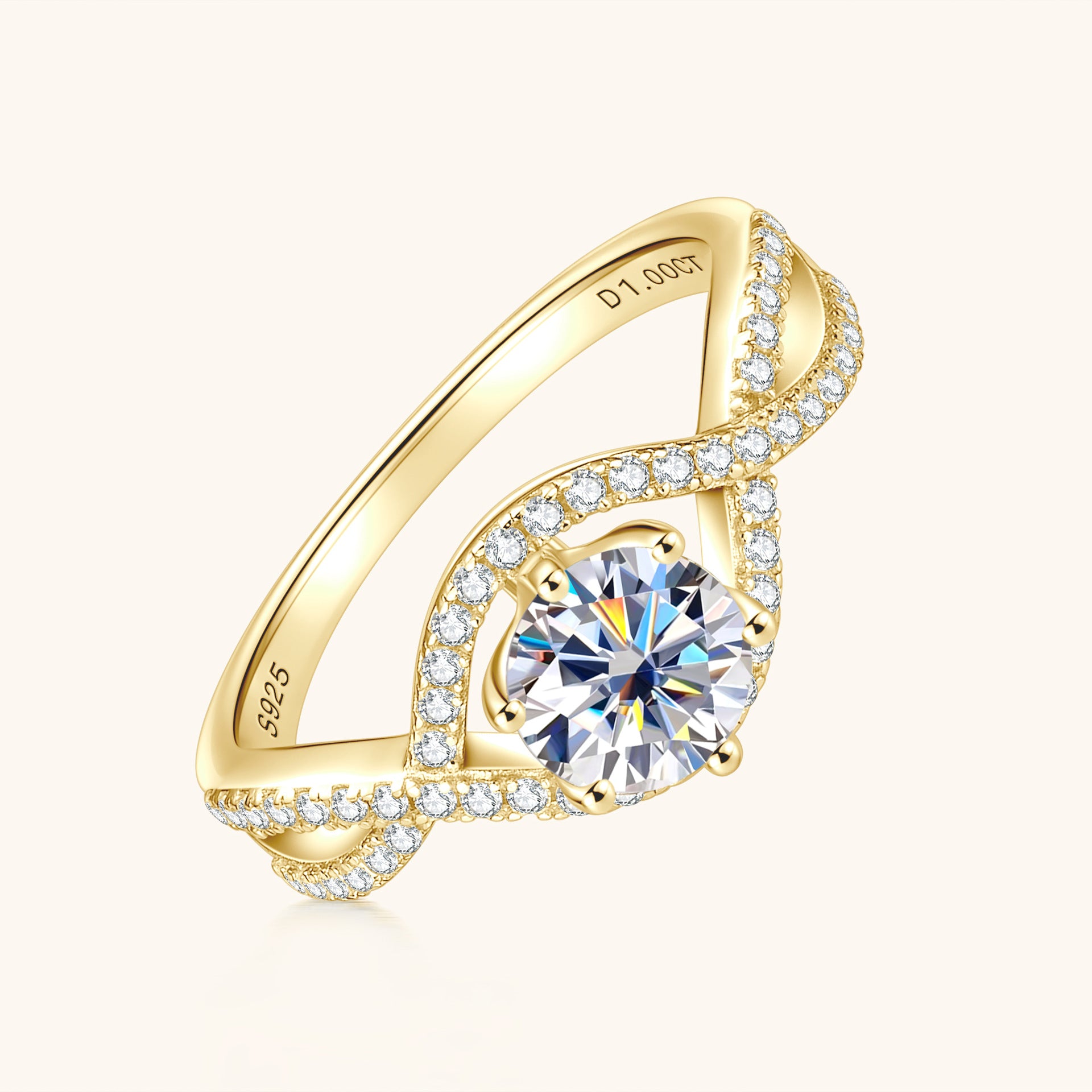 Classic Six-Prong Twisted Arm Moissanite Wedding Ring, Full 925 Sterling Silver Plated 18K Gold, Niche Light Luxury Design, Elegant Engagement Band for Women