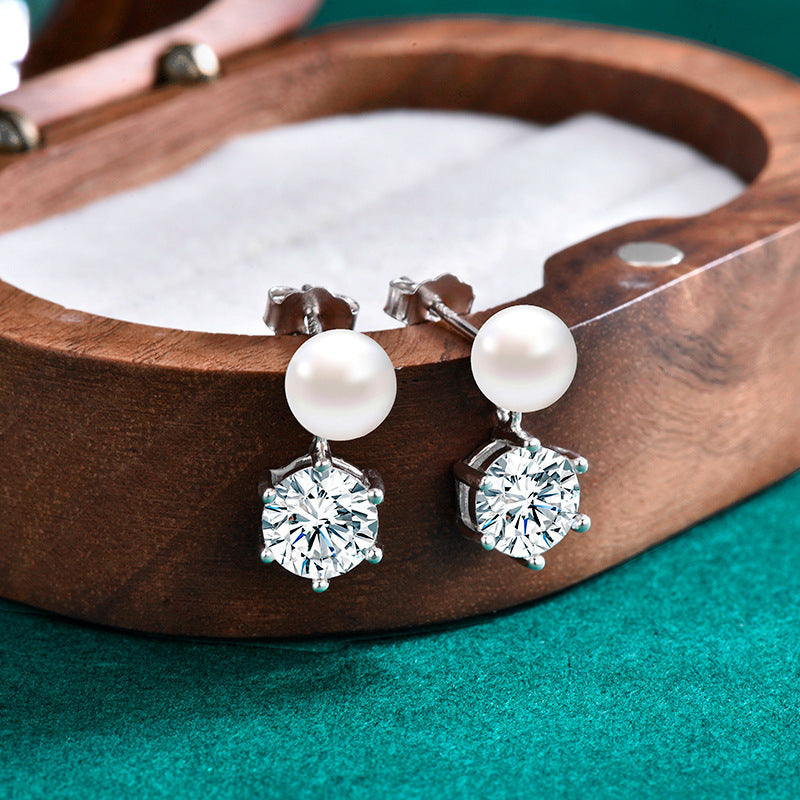 Classic Six-Claw Moissanite & Freshwater Pearl Stud Earrings for Women, S925 Sterling Silver, Timeless Elegant Luxury Jewelry, Perfect for Daily Wear & Gift Giving
