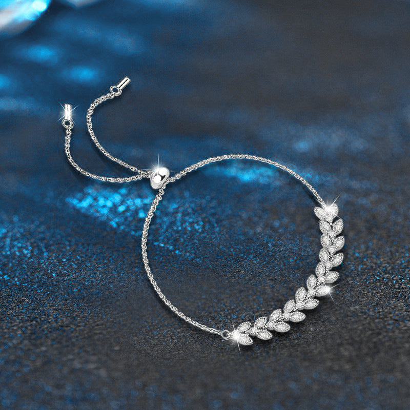 925 Sterling Silver Wheat Ear Bracelet with Sparkling Moissanite, High-End Light Luxury Design, Adjustable Elegant Jewelry for Women, Perfect for Daily Wear and Gifting