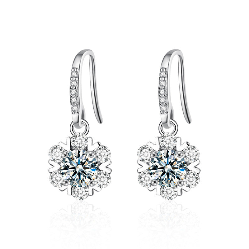 925 Sterling Silver Moissanite Snowflake Earrings for Women, Korean Style New High-End Elegant Fine Jewelry