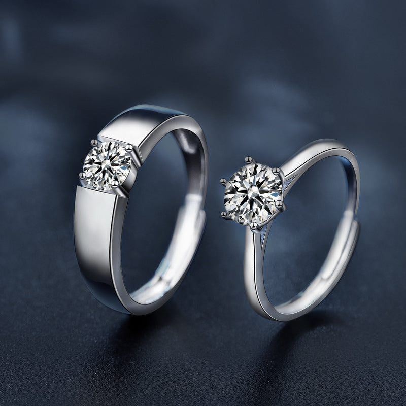 925 Sterling Silver Six-Claw Moissanite Couple Rings for Him and Her, Adjustable Open Band Design, Tarnish-Resistant, Luxury High-End Matching Promise Rings for Couples