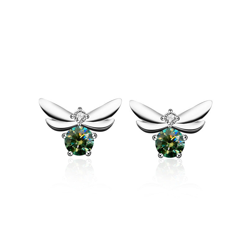 Personalized Creative Little Bee 925 Sterling Silver Stud Earrings, Minimalist Ins Cool Style, Vintage Green Moissanite Elegant Temperament Jewelry for Women