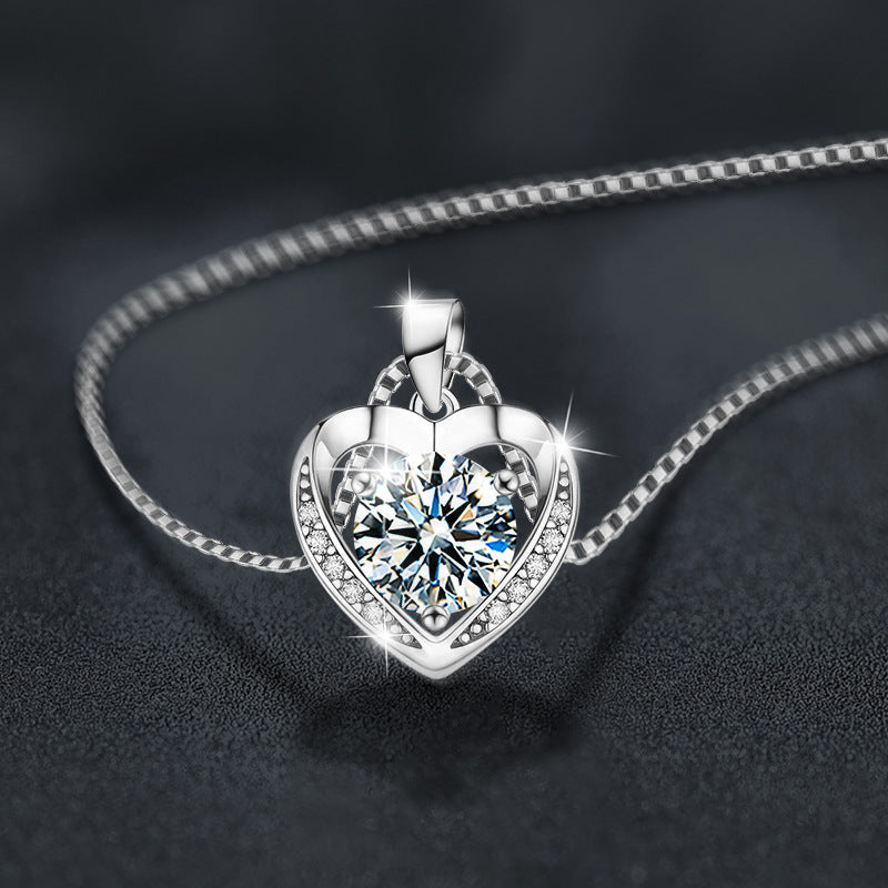 S925 Sterling Silver Heart Love Moissanite Necklace for Women, Premium Elegant Clavicle Chain, Luxury Sparkling Fine Jewelry for Daily & Gifting