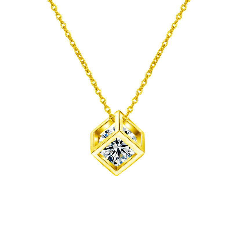 S925 Sterling Silver Moissanite Cube Necklace for Women, Square Pendant Elegant Clavicle Chain, Minimalist Luxury Fine Jewelry for Daily Wear