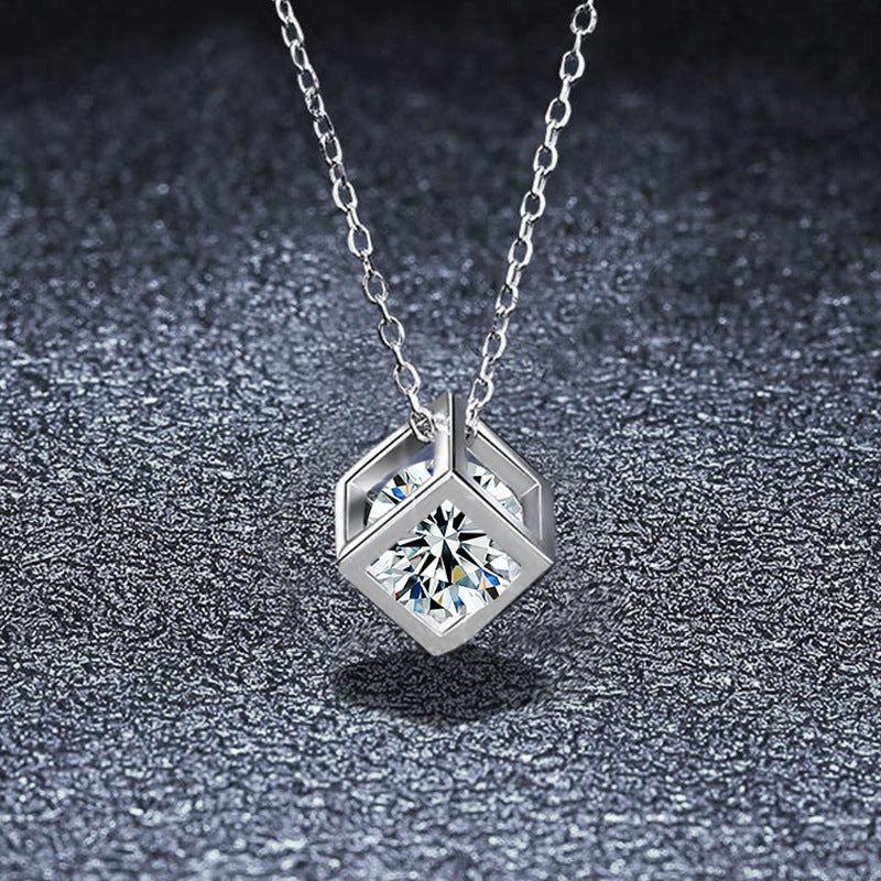 S925 Sterling Silver Moissanite Cube Necklace for Women, Square Pendant Elegant Clavicle Chain, Minimalist Luxury Fine Jewelry for Daily Wear