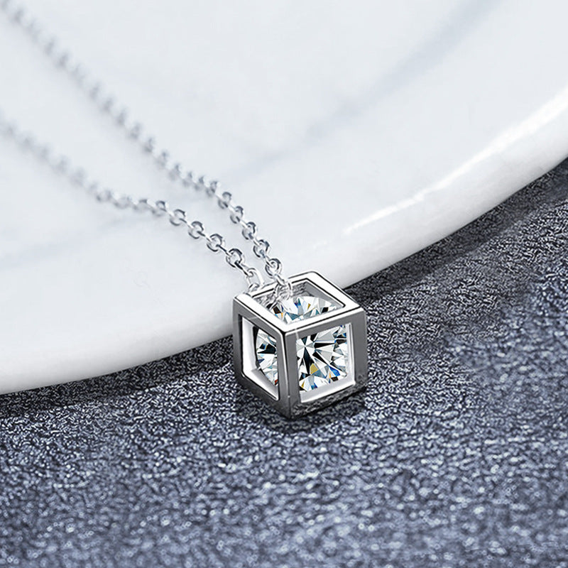 S925 Sterling Silver Moissanite Cube Necklace for Women, Square Pendant Elegant Clavicle Chain, Minimalist Luxury Fine Jewelry for Daily Wear