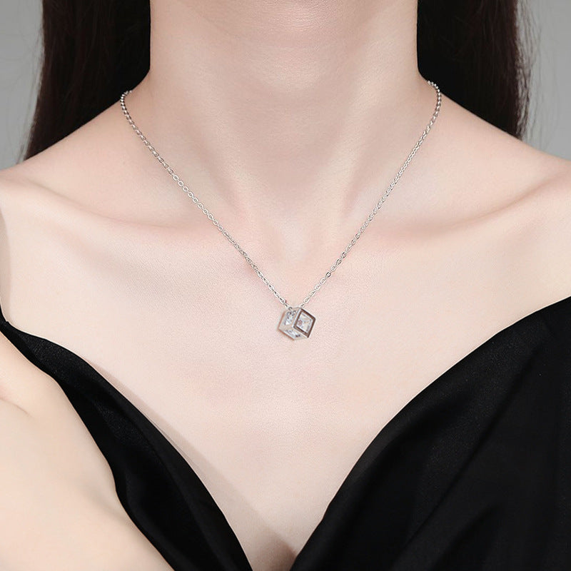 S925 Sterling Silver Moissanite Cube Necklace for Women, Square Pendant Elegant Clavicle Chain, Minimalist Luxury Fine Jewelry for Daily Wear