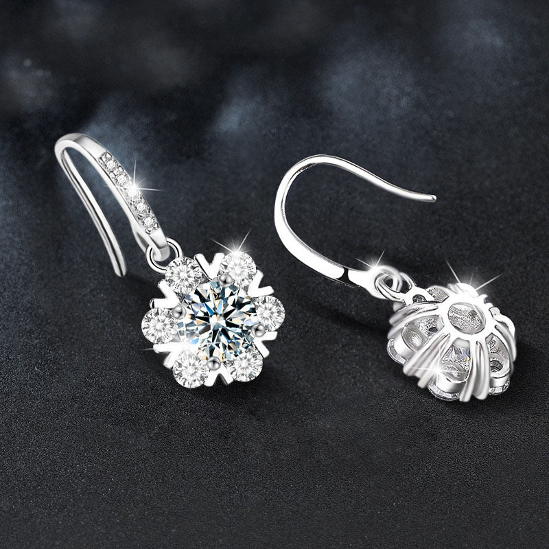 925 Sterling Silver Moissanite Snowflake Earrings for Women, Korean Style New High-End Elegant Fine Jewelry