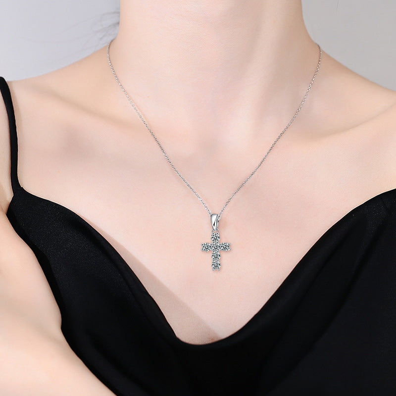 925 Sterling Silver Moissanite Cross Pendant Necklace for Women, Niche Design Sense High-End Elegant Fine Jewelry