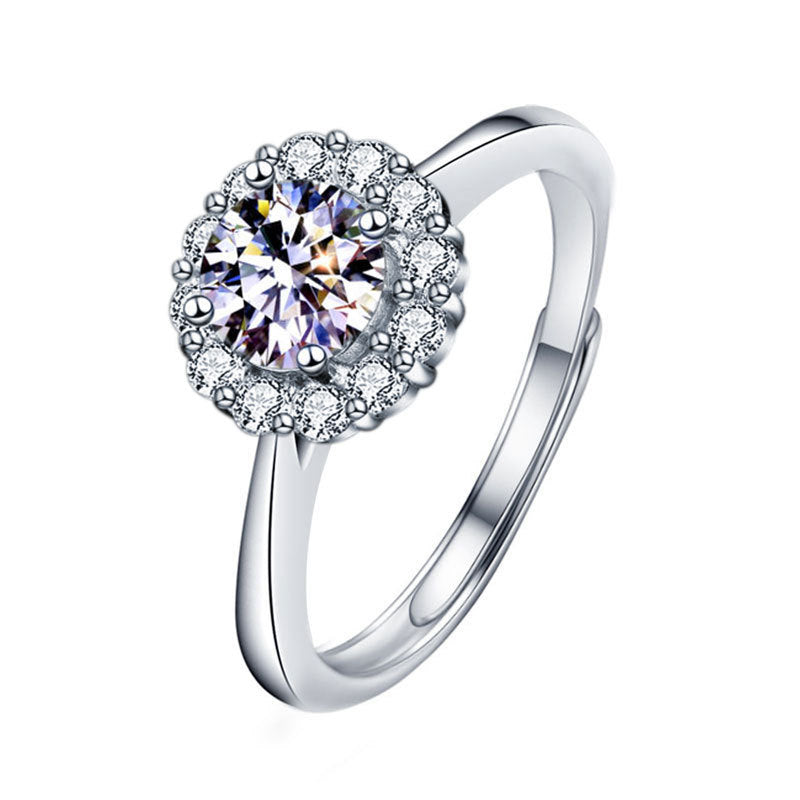 925 Sterling Silver Sunflower Ring for Women, Fashion Four-Prong Open Design, Brilliant Moissanite Simulated Diamond Ring, Elegant Adjustable Statement Jewelry