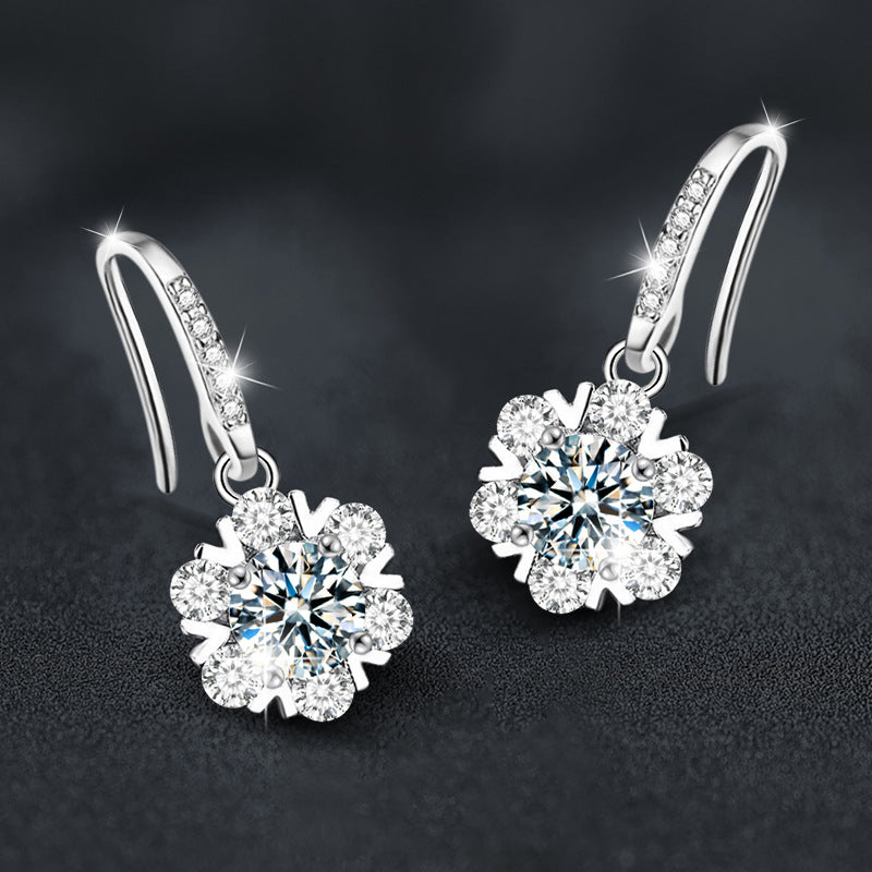 925 Sterling Silver Moissanite Snowflake Earrings for Women, Korean Style New High-End Elegant Fine Jewelry