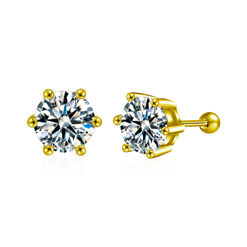 Classic Six-Claw Moissanite Stud Earrings for Women, 925 Sterling Silver with Gold Plating, Timeless Fashion & Elegant Temperament Luxury Jewelry for Daily Wear & Gifting