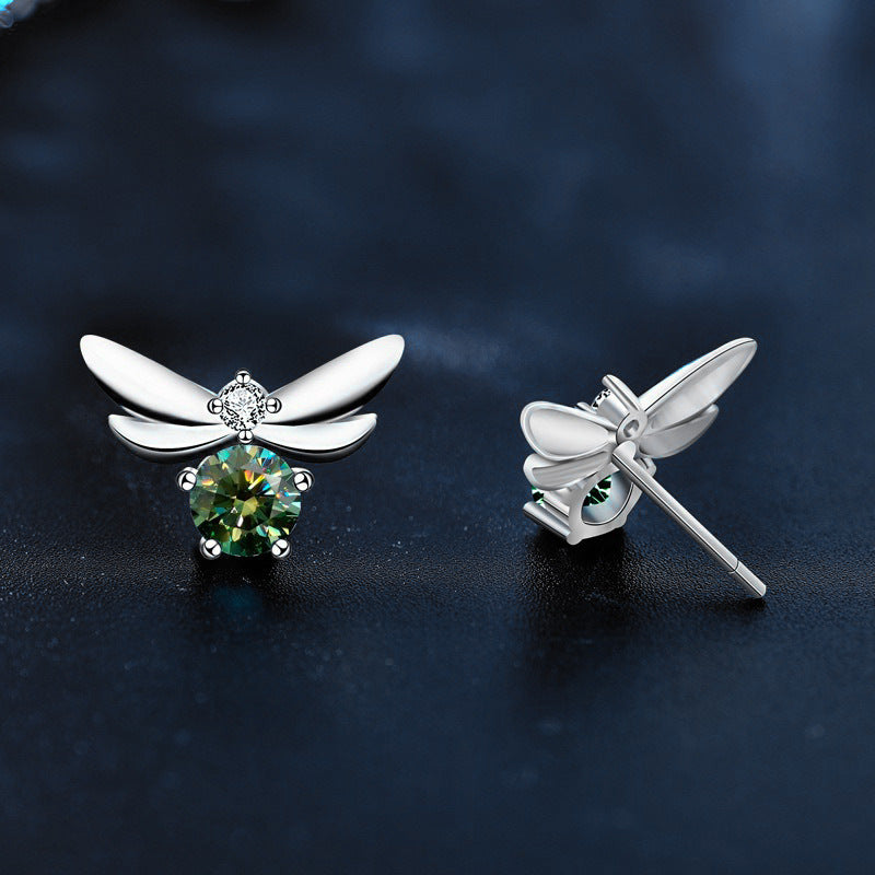 Personalized Creative Little Bee 925 Sterling Silver Stud Earrings, Minimalist Ins Cool Style, Vintage Green Moissanite Elegant Temperament Jewelry for Women