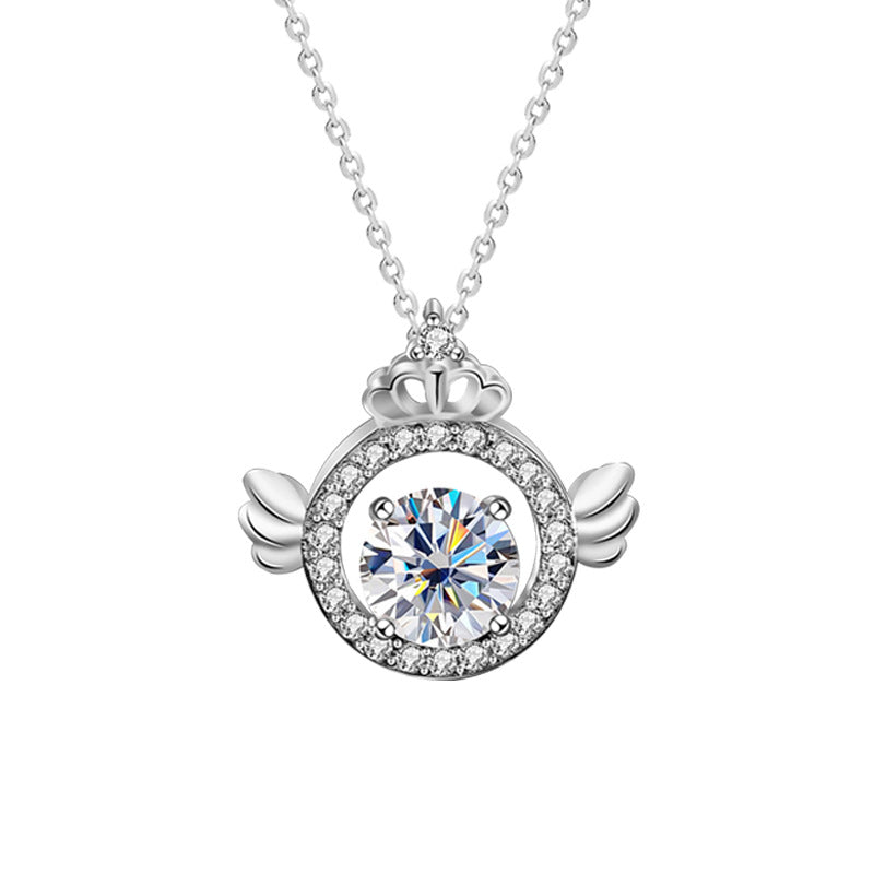 925 Sterling Silver Original Angel Wings Moissanite Necklace for Women, Light Luxury Platinum-Plated Clavicle Chain, Crown Pendant Fine Jewelry