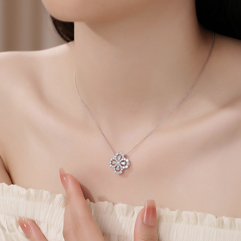 S925 Sterling Silver Four-Leaf Clover Moissanite Necklace, Mori Style Versatile High-End Pendant, Tarnish-Resistant Elegant Fine Jewelry for Women