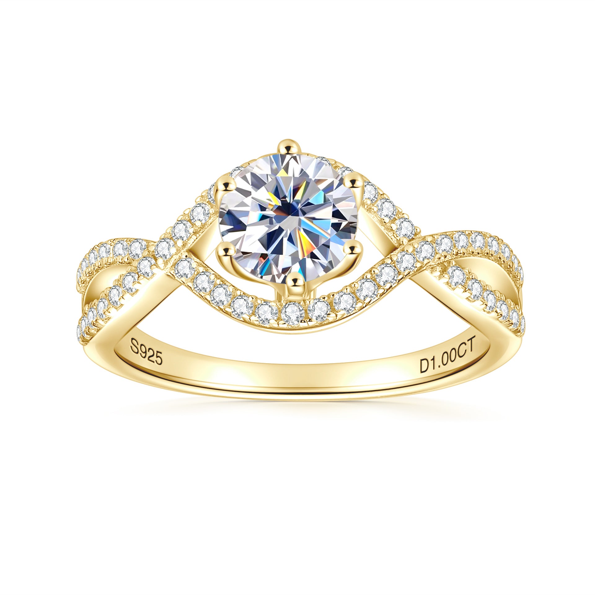 Classic Six-Prong Twisted Arm Moissanite Wedding Ring, Full 925 Sterling Silver Plated 18K Gold, Niche Light Luxury Design, Elegant Engagement Band for Women