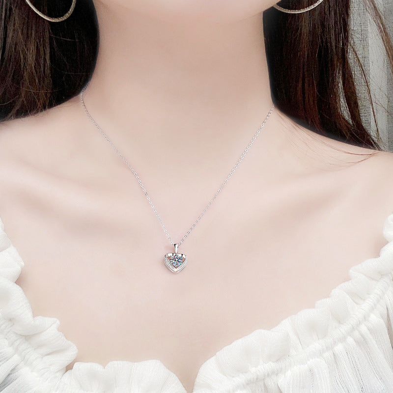 S925 Sterling Silver Heart Love Moissanite Necklace for Women, Premium Elegant Clavicle Chain, Luxury Sparkling Fine Jewelry for Daily & Gifting