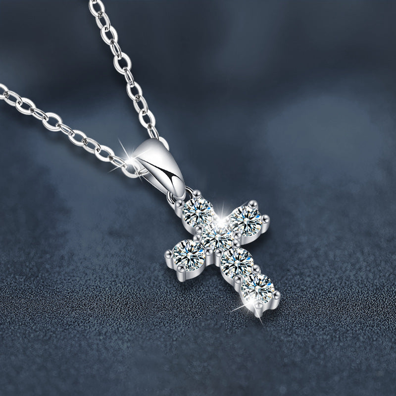 925 Sterling Silver Moissanite Cross Pendant Necklace for Women, Niche Design Sense High-End Elegant Fine Jewelry