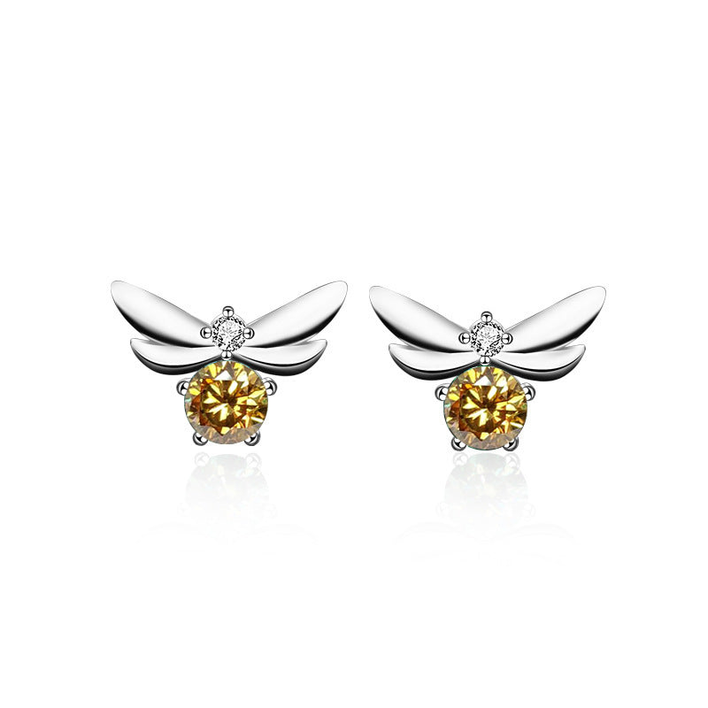 Personalized Creative Little Bee 925 Sterling Silver Stud Earrings, Minimalist Ins Cool Style, Vintage Green Moissanite Elegant Temperament Jewelry for Women