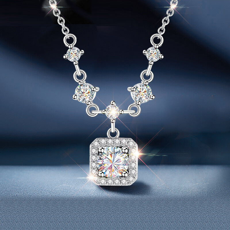 925 Sterling Silver Moissanite Fringed Necklace for Women, Niche High-End Square Pendant Elegant Clavicle Chain Fine Jewelry