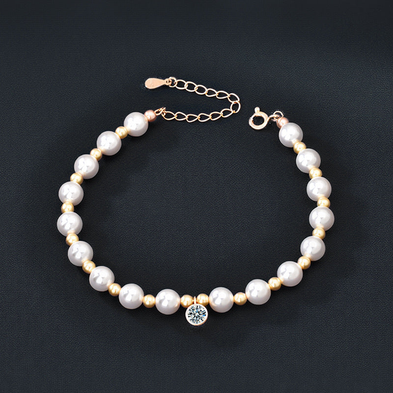 Sparkling S925 Sterling Silver Moissanite & Pearl Bracelet for Women, Classic Elegant Fashion Temperament Jewelry, Timeless Versatile Design for Daily Wear & Gifting