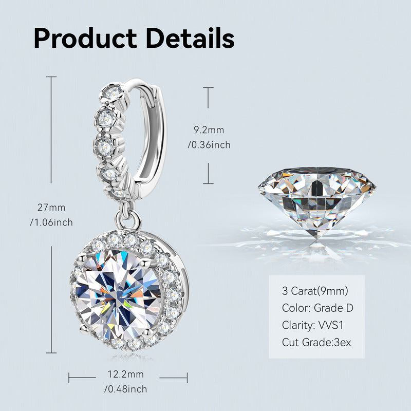 3CT D Color Moissanite Full Diamond Drop Earrings for Women, S925 Sterling Silver Classic Round Bezel Luxury Light Luxury Jewelry, Elegant Sparkling for Daily & Party Wear