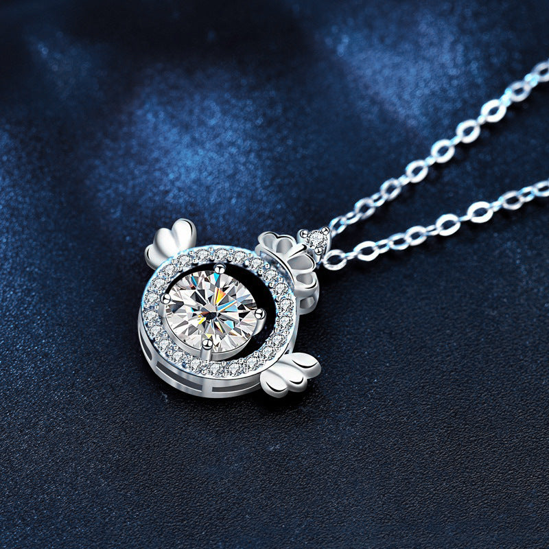 925 Sterling Silver Original Angel Wings Moissanite Necklace for Women, Light Luxury Platinum-Plated Clavicle Chain, Crown Pendant Fine Jewelry