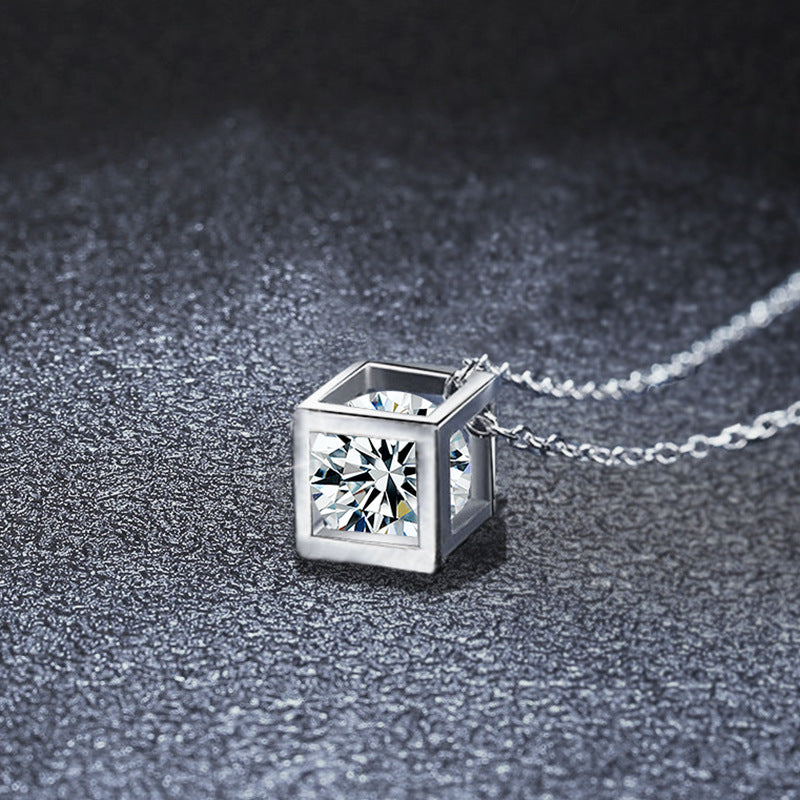 S925 Sterling Silver Moissanite Cube Necklace for Women, Square Pendant Elegant Clavicle Chain, Minimalist Luxury Fine Jewelry for Daily Wear