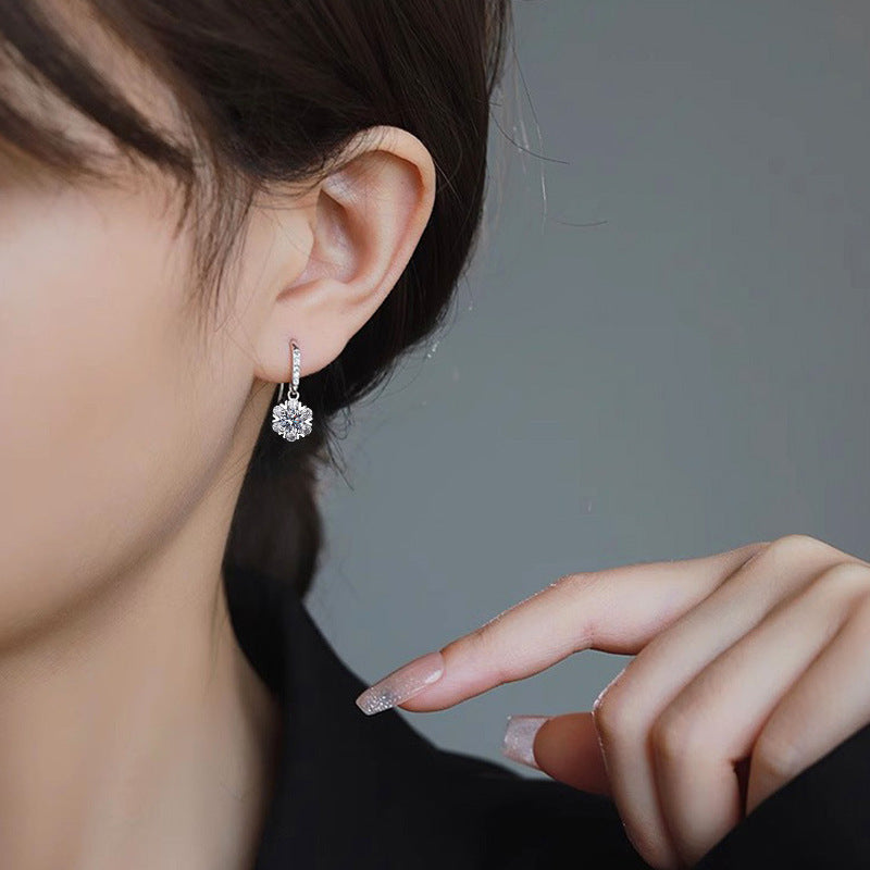 925 Sterling Silver Moissanite Snowflake Earrings for Women, Korean Style New High-End Elegant Fine Jewelry